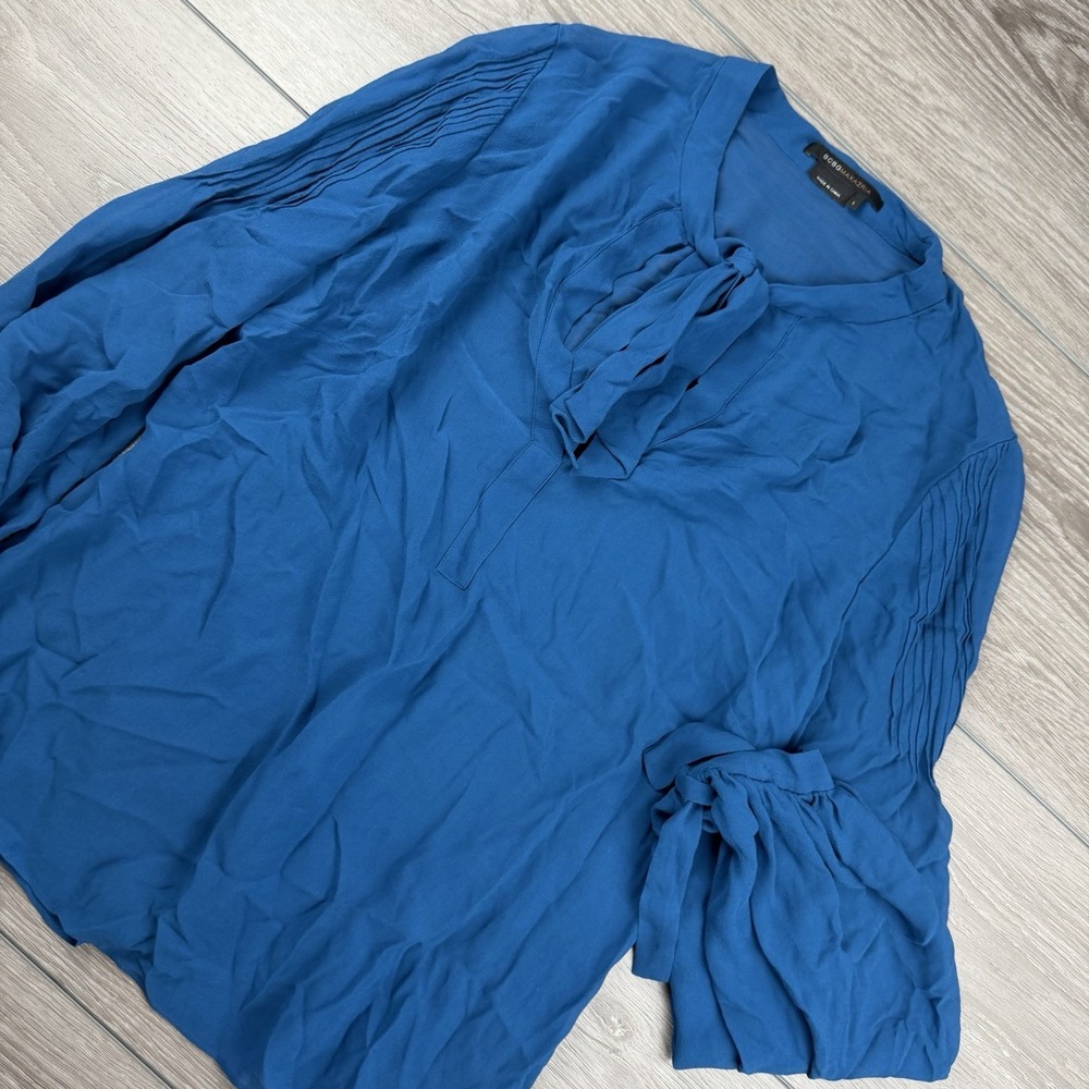 BCBG Maxazria Women's Long Sleeve Pleated Shoulder Blouse Blue Size Large